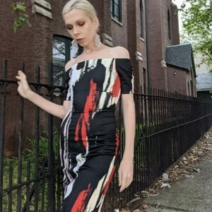 H&M Black Colorful Dress NWT 34 US 2/4 Off the Shoulder Brush Stroke Artsy